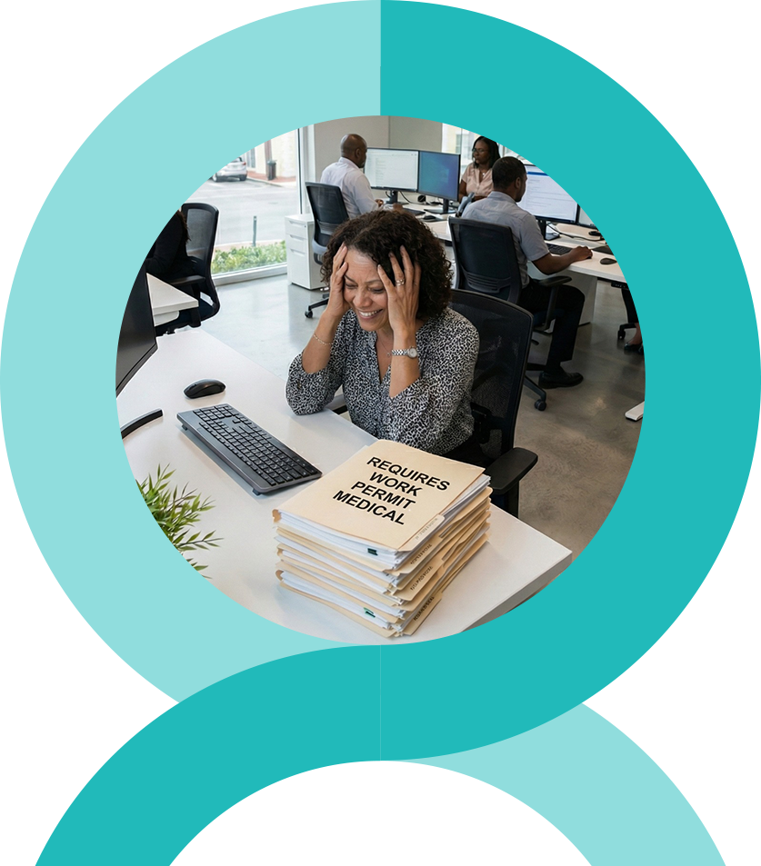 A woman kneels, smiling at a child in a blue dress, both playfully interacting on a beach. Circular design frames the scene.