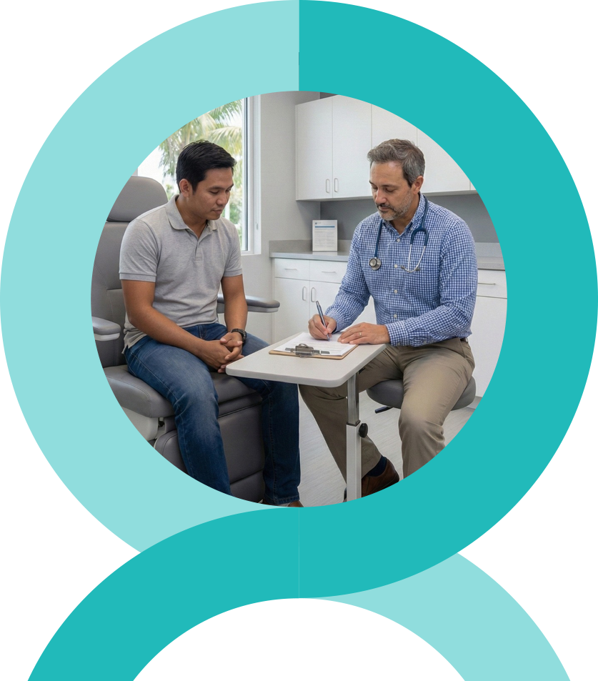 Hero-Your_Doctor_Dr_Paulo A woman kneels, smiling at a child in a blue dress, both playfully interacting on a beach. Circular design frames the scene.