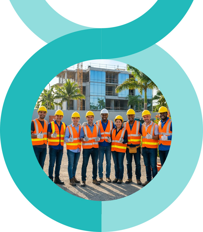 A man and woman stand closely together, smiling at the camera. The woman wears a pink floral dress, and the man wears a pink striped shirt and glasses. They are outdoors with greenery in the background.