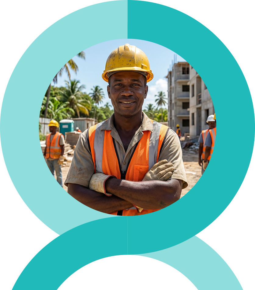 construction-or-maintenance-worker A woman kneels, smiling at a child in a blue dress, both playfully interacting on a beach. Circular design frames the scene.