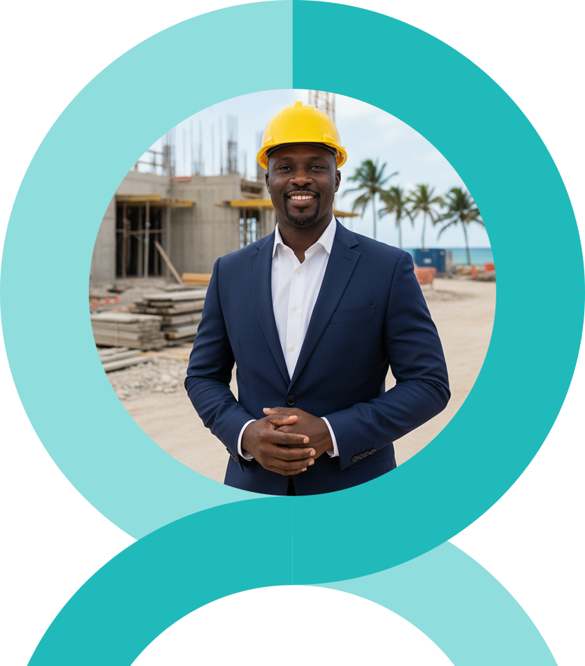 A woman kneels, smiling at a child in a blue dress, both playfully interacting on a beach. Circular design frames the scene.