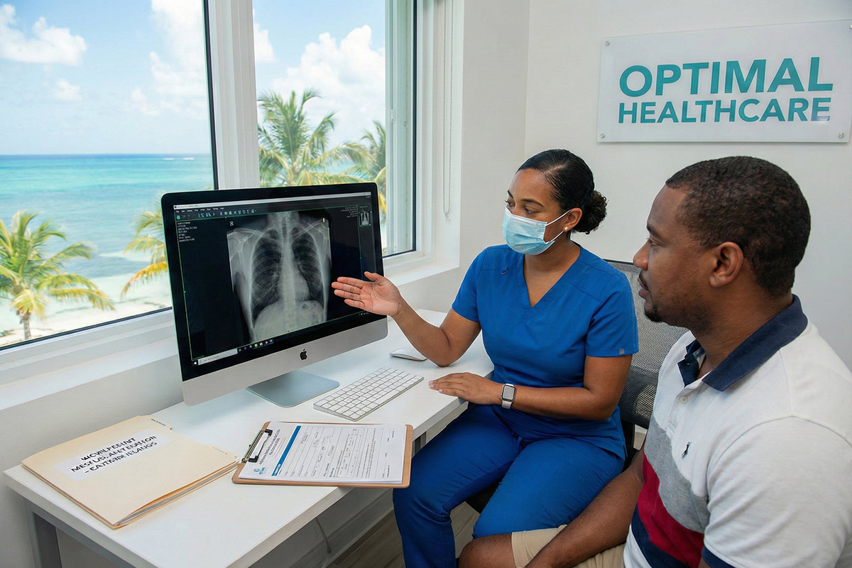 A healthcare professional in blue scrubs reviews a chest X-ray on a computer monitor with a patient at Optimal Healthcare, illustrating the process of getting medical permits and health screenings.